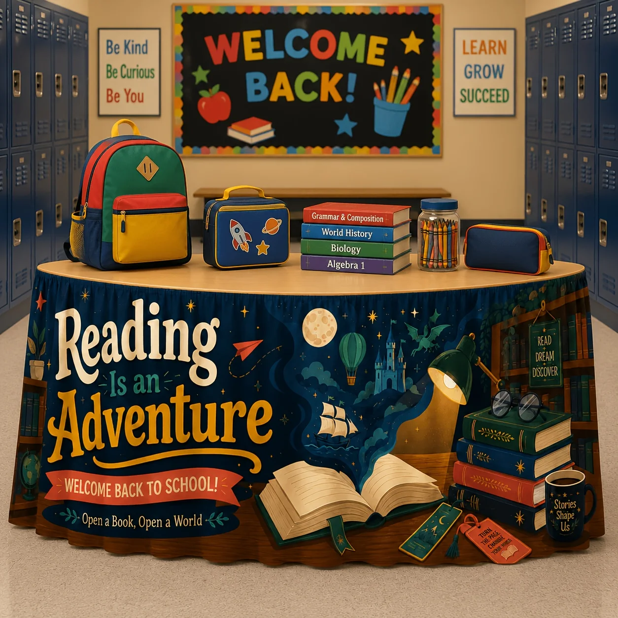 One-piece reading-themed table skirt. Book castle, airship, dragon, night, star, moon, light printed tablecloth.
