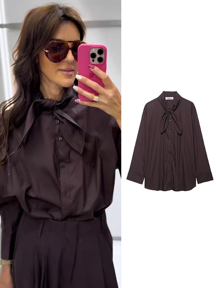 

Новая элегантная блузка с шарфом и воротником для женщин, офисные однотонные однобортные рубашки оверсайз, женская осенняя мода, новый топ с длинными рукавами