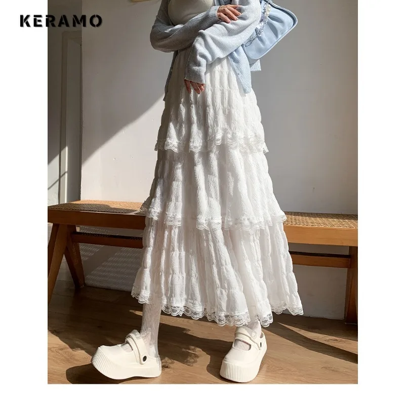 

2025 Spring Fairycore Solid Color Thin Soft Girl Mid Long Skirts Women's Sweet Style Elegant High Waist Pure Tierred Skirt