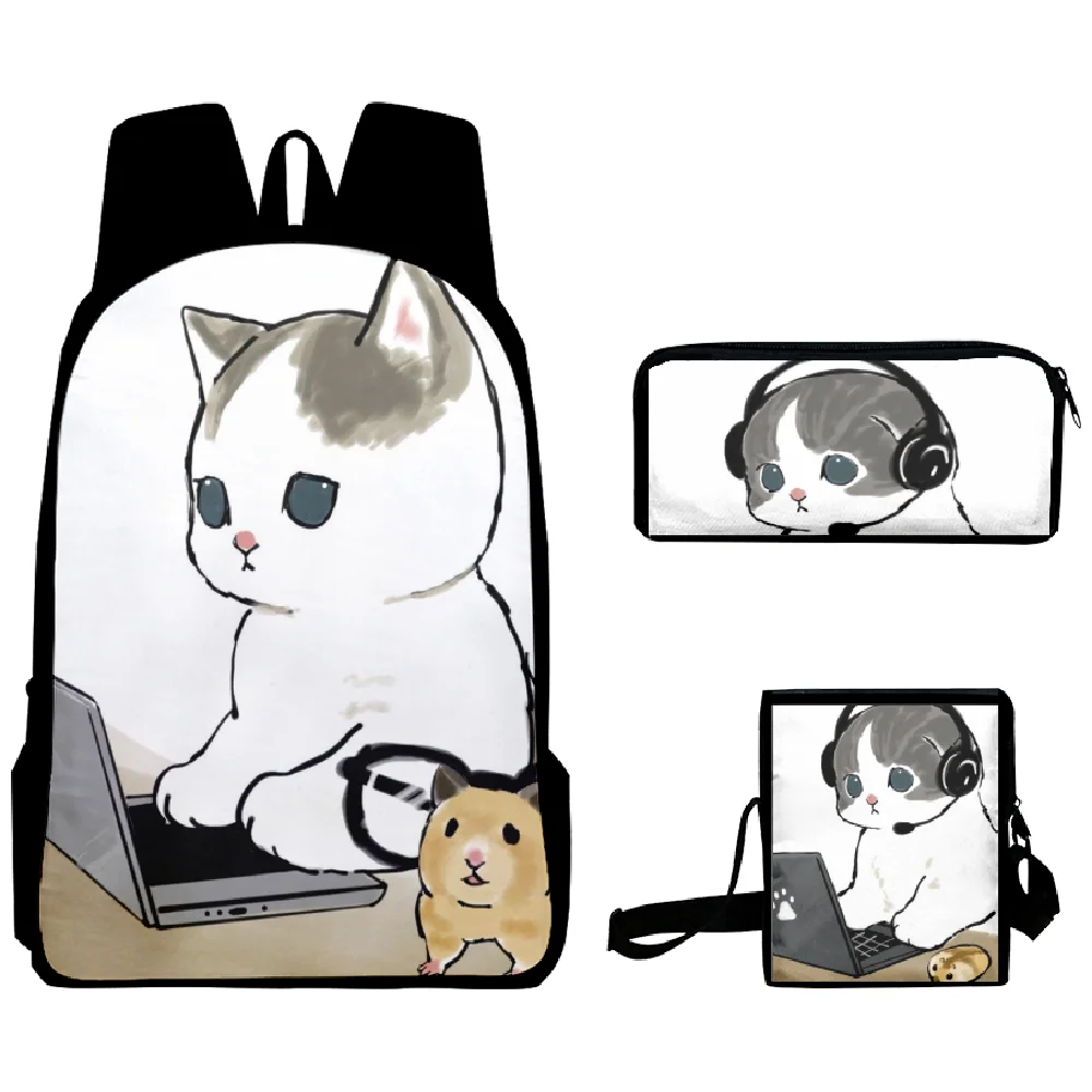 Mochila Harajuku con estampado 3D de gato de trabajo, bolso de hombro para ordenador portátil, estuche para lápices, novedad, Juego de 3 unidades