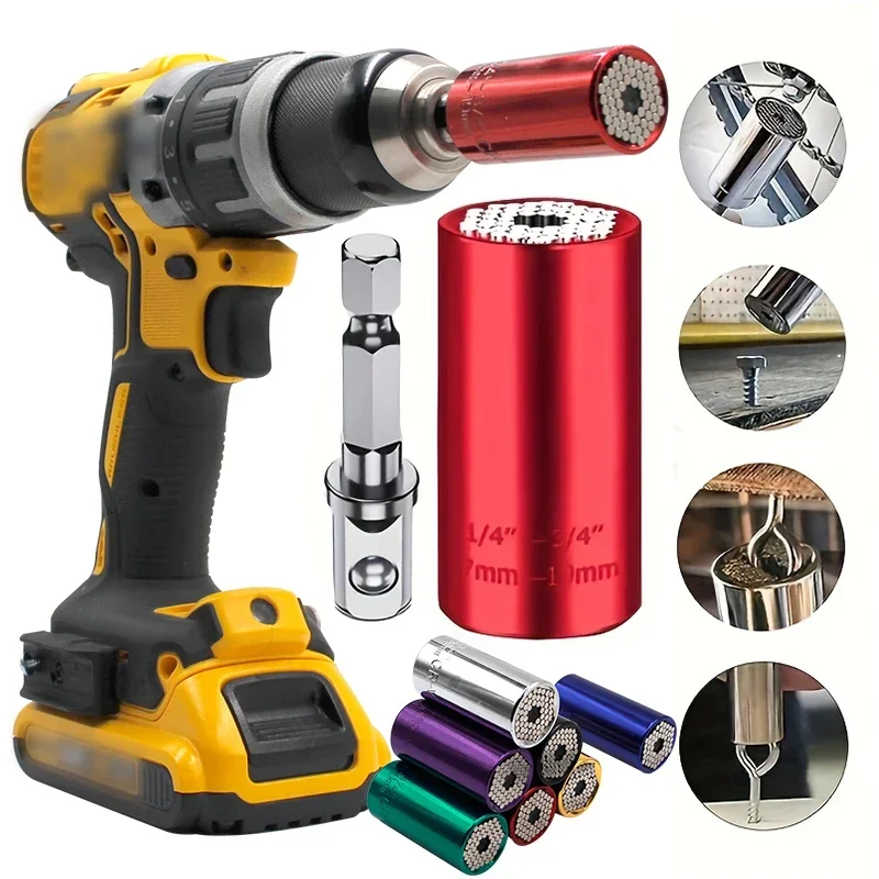 Multifunctional Silvery 7 to 19mm Magic Socket Multi Purpose Wrench Extension Rod Electric Hand Drill Screw Tool Set