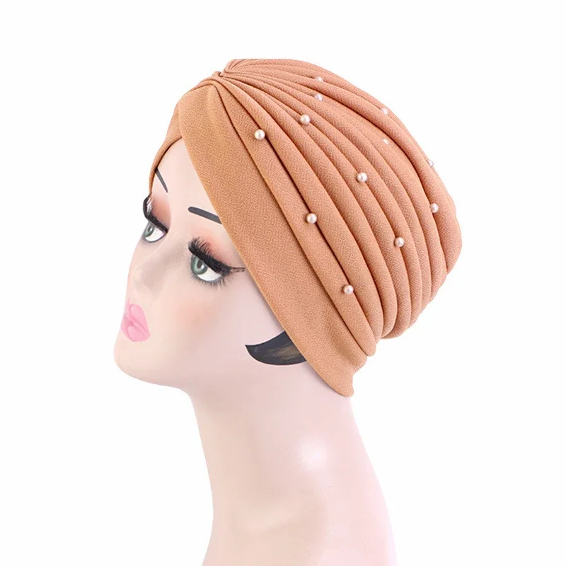 

2025 New Pearl Muslim Turban Pleated Headscarf Women Islamic Hijab Chemo Cap Head Wrap Beanies Bonnet Hair Loss Turbante Mujer