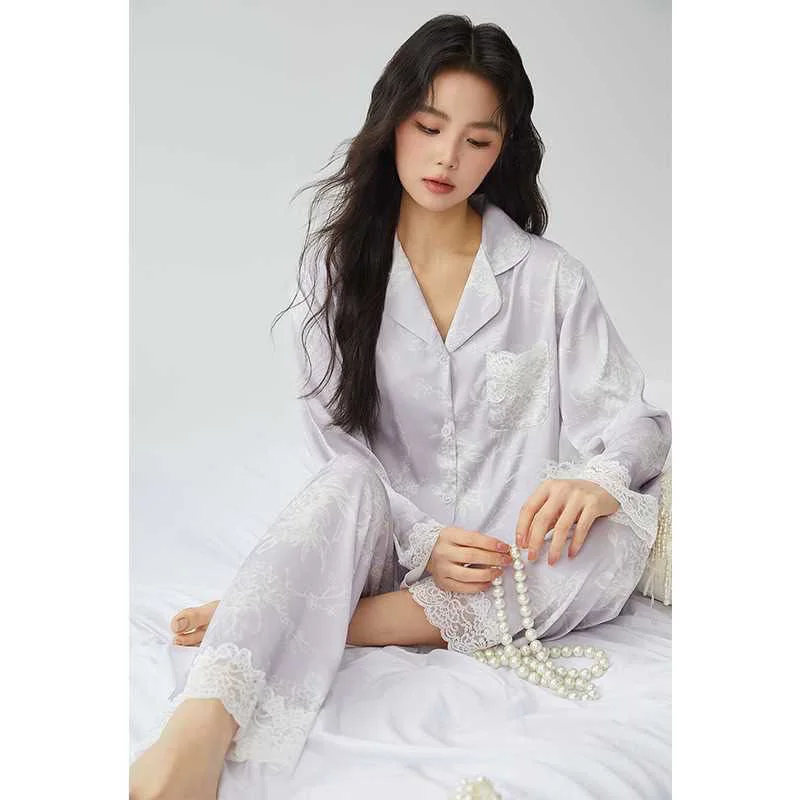 High Quality Women's Pajamas Ice Silk New Pijama Mujer Set Long Sleeve Pants Spring Autumn Fashion lace stitching sleepwear
