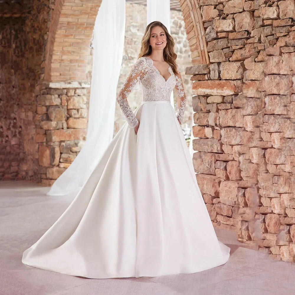 Customzied Charming Women Wedding Dresses With Pocket Sexy V Neck Long Sleeves Lace Appliques Bride Dress Satin Long  Gowns