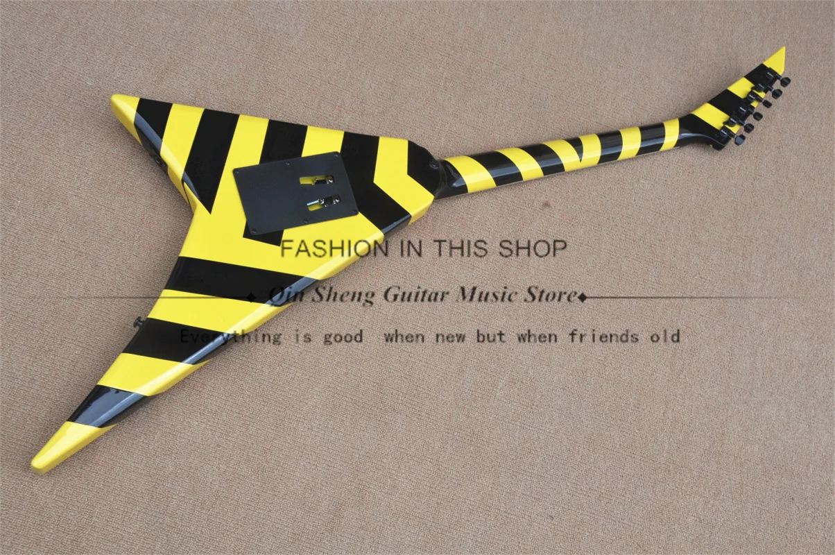 Black-yellow electric guitar, V-shaped guitar, tremolo bridge, black and yellow striped body, HH pickups, rosewood fretboard