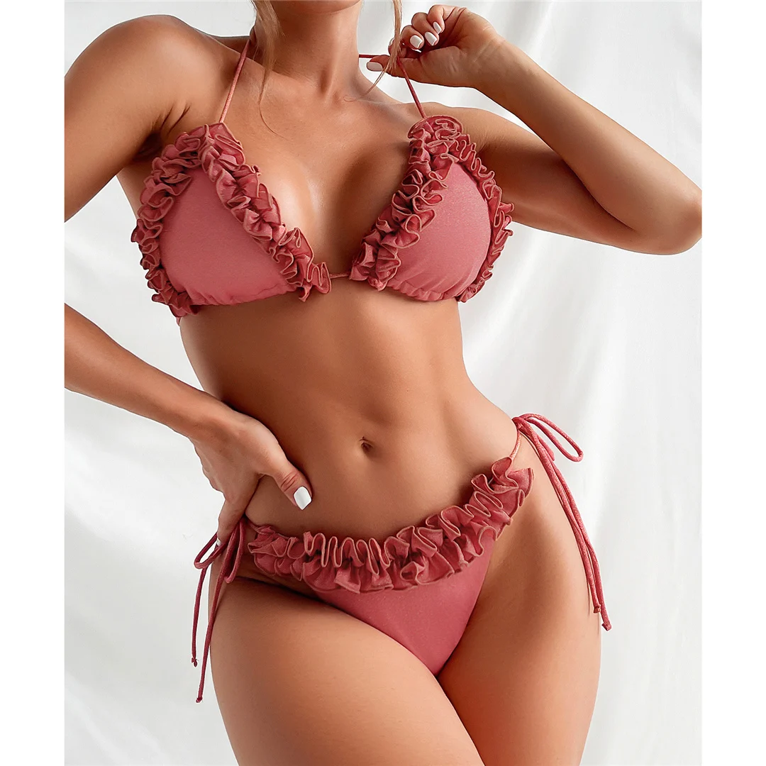 XS - L Glänzender, gerüschter Neckholder-Bikini mit Trägern, Damen-Badeanzug, zweiteiliges Bikini-Set, Badebekleidung, Badeanzug, Badebekleidung, Schwimmbekleidung V7061 – Detail 2