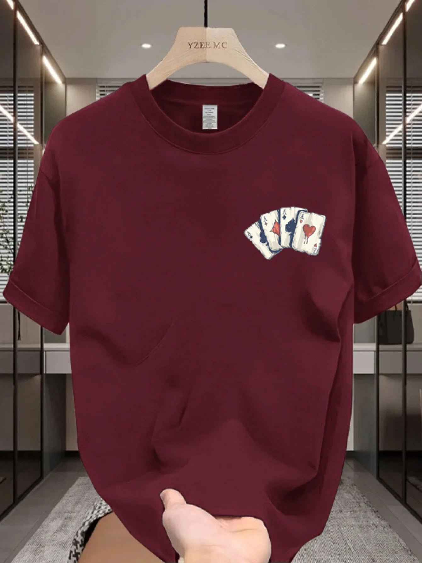 Summer men's 100% cotton casual loose poker card print comfortable sports round neck short sleeved T-shirt top