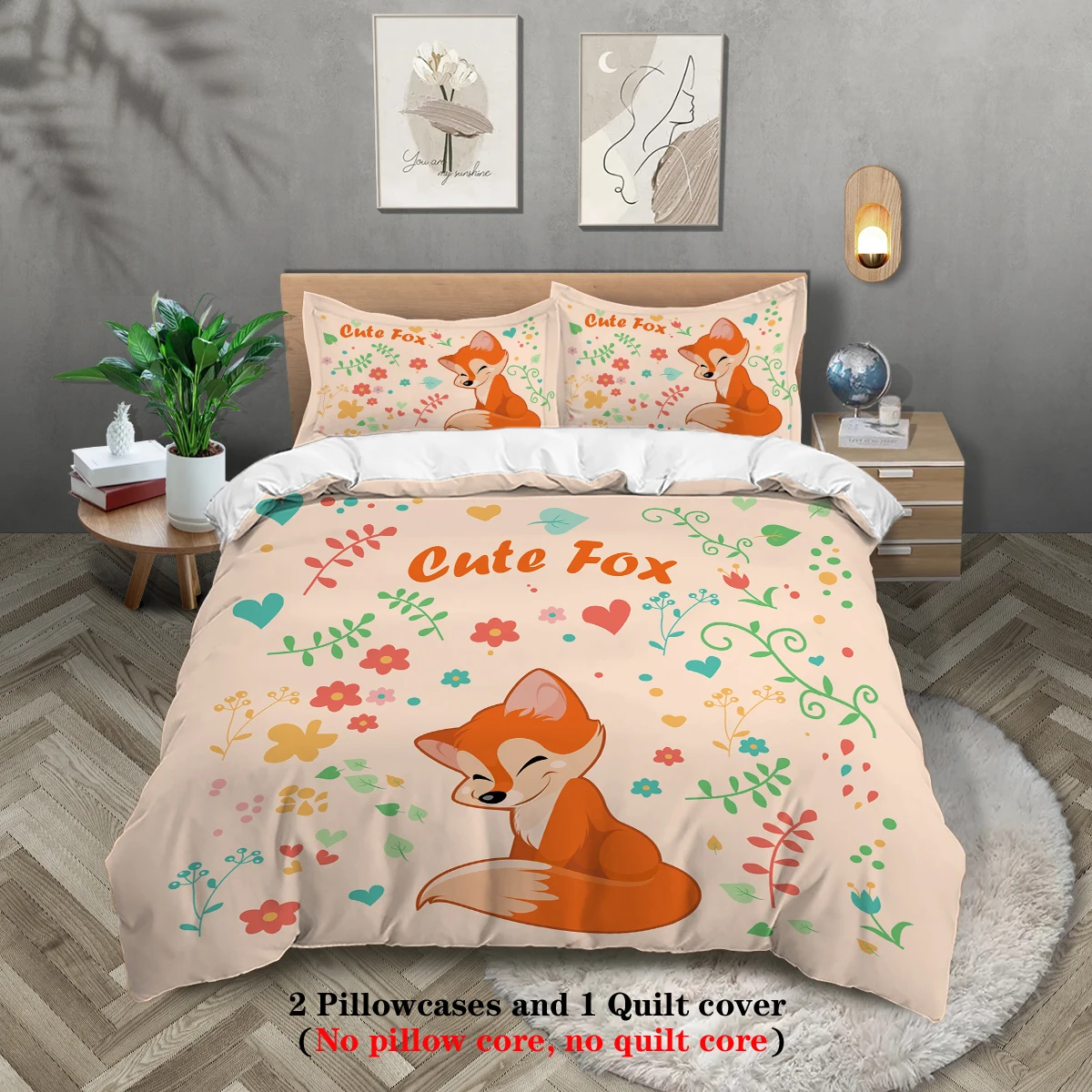 3pcs cartoon cute fox pattern printed bedding set, 1*duvet cover+2*pillowcase, suitable for girls and teenagers bedroom