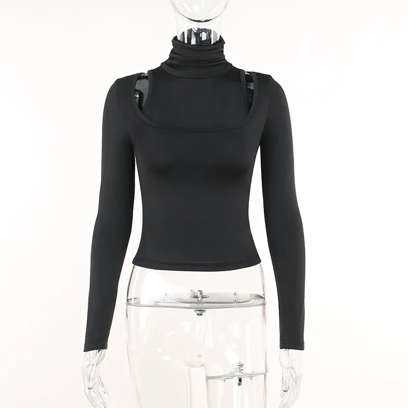 Fashionable Women's T-shirt In Spring and Autumn 2022 New Style High Collar Off Shoulder Black Slim Top 2 Pieces
