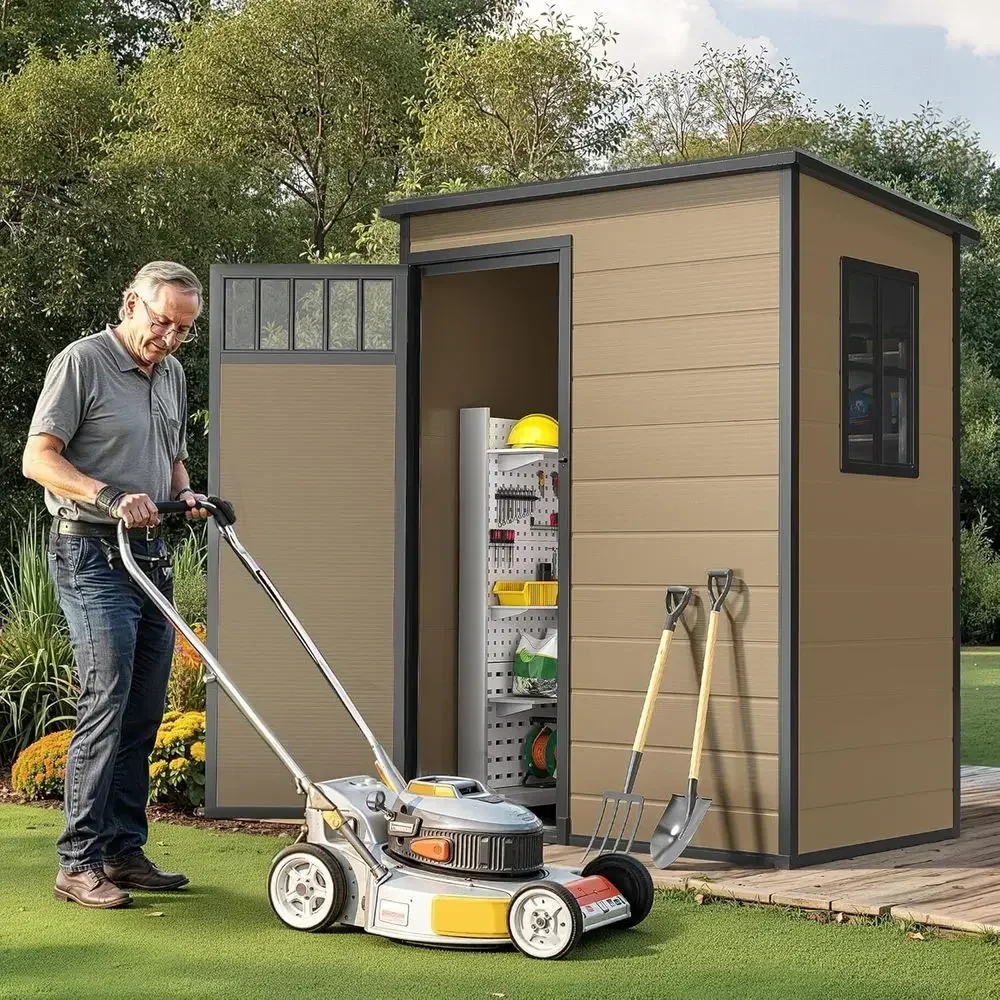 All-Weather Resin Plastic Outdoor Storage Shed with Windows, Slanted Roof, Raised Floor, 65 cu.ft Capacity for Garden Tools and