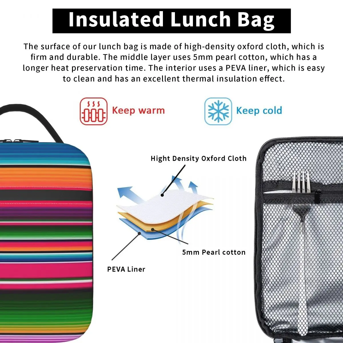Mexican Blanket Striped Fiesta Serape Insulated Lunch Bag for Women Children Portable Food Boxes Thermal Lunch Box Tote