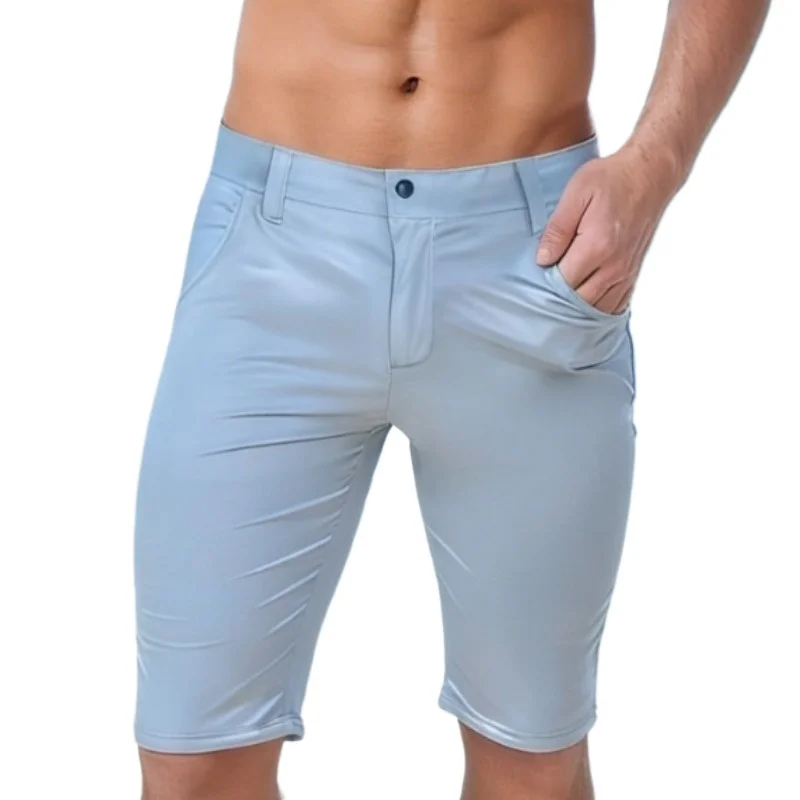 

Сексуальные мужские узкие шорты из искусственной кожи, облегающие шорты, вечерние клубные костюмы, синие кожаные короткие брюки