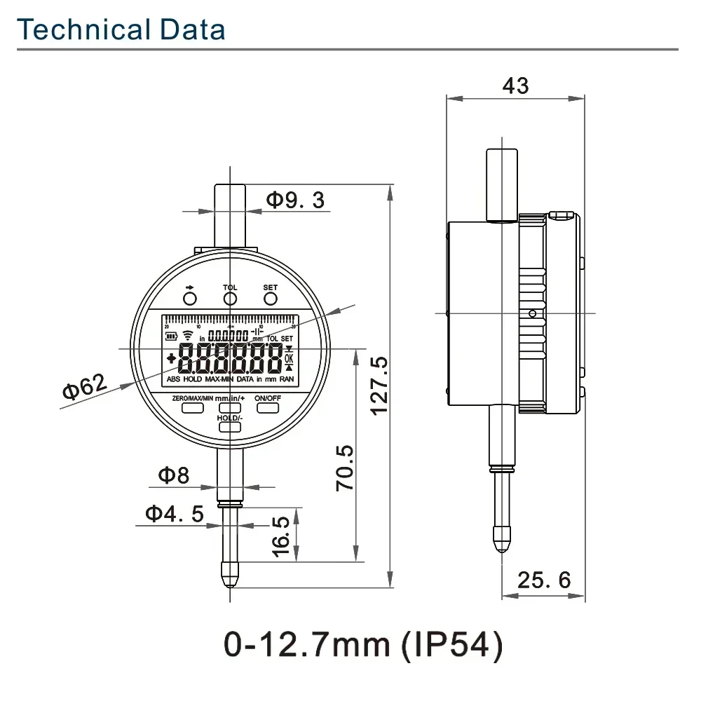 SHAHE 1μm Resolution High Accuracy Digital Dial Indicator 0-12.7 /25.4/50.8mm Rechargeable Dial Indicator Gauge IP54/IP65