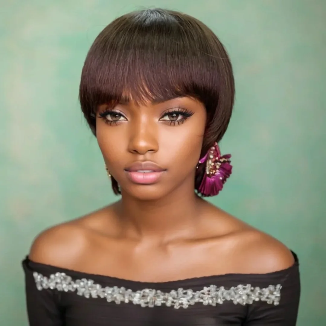 Human Hair Short Layered Pixie Cut for Black Women Brazilian Remy Machine Made Brown Color