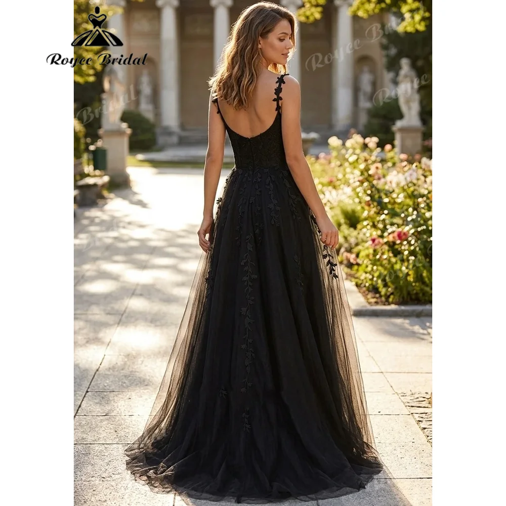 Black Sweetheart V Neck A Line Wedding Dress 3D Floral Lace Sheer Corset Bodice High Side Slit Open Back Bridal Gown Customized