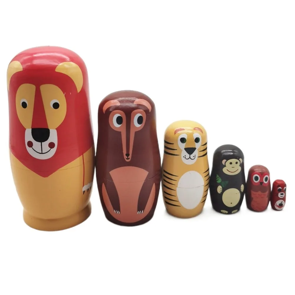 Juguetes pintados a mano, muñecas rusas anidadas de madera, colección de figuras, muñeca Matryoshka de animales, artesanía de dibujos animados, muñecas apilables hechas a mano