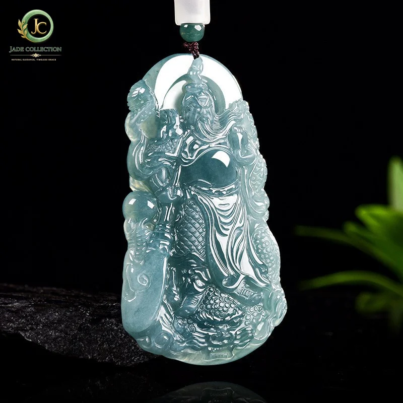 NaturalaJadeite Blue Water Dragon Pendant with Guan Gong and Wu Cai Shen, Nostalgic Jadeite Pendant for Men and Women, Wholesale
