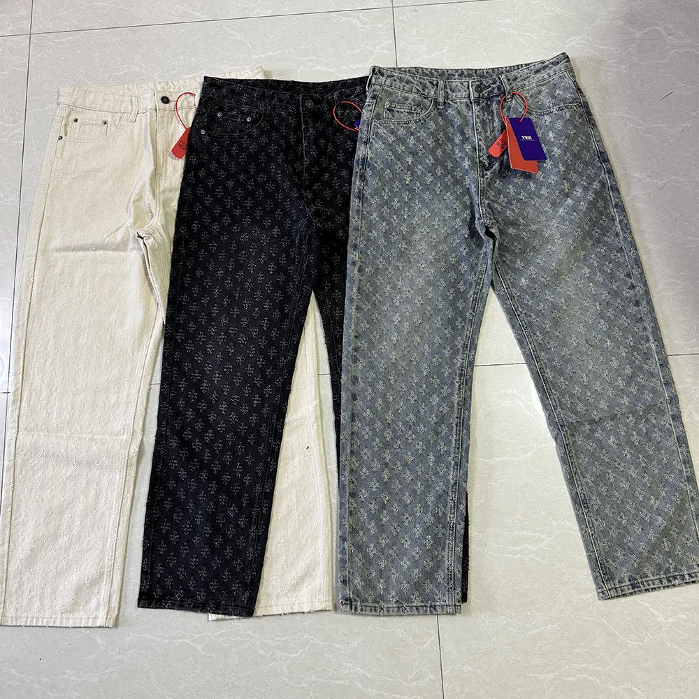 

Ripped Holes Retro Men's Distressed Pants Street Loosen Fit Wide Leg Trousers New Jacauard Jeans For Male