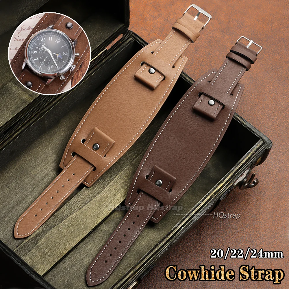 Genuine Leather Watch Strap 20mm 22mm 24mm Universal Bracelet with Mat Bund Base Tray Wristband Business Cowhide Watch Band