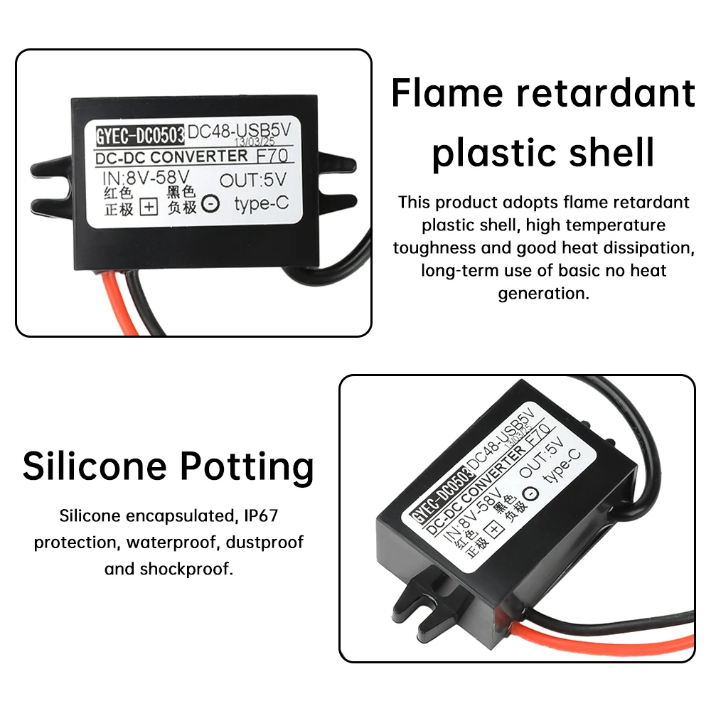 Convertitore step down di alimentazione impermeabile per potatura in silicone per auto da 15 W DC 8-58 V a 5V2-3A Modulo buck Ricarica del telefono cellulare