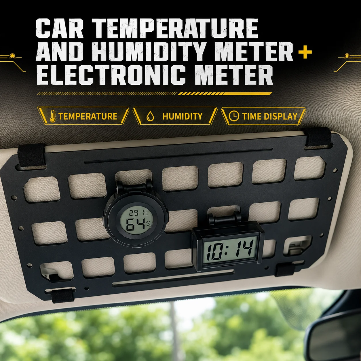 Car Temperature Humidity Meter Digital Clock MOLLE Visor Panel Mount Thermometer Hygrometer Auto Interior Tactical Accessory
