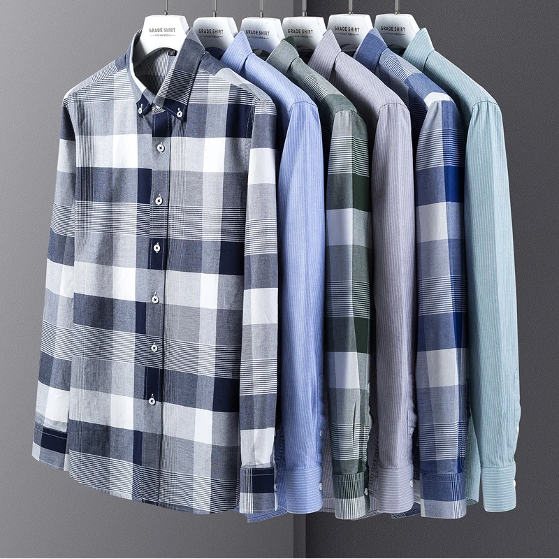 New Oversized Shirt Men Social Shirts Long Sleeve Pure Cotton Oxford Soft Buttoned Plaid Formal Blouses Tops Casual Male Clothes