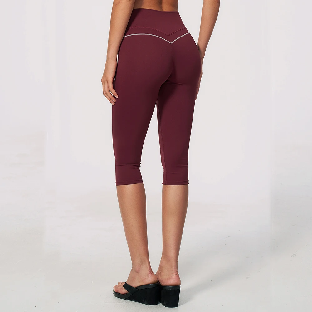 Women Capri Yoga Leggings V Back Contrast Piping Butt Lifting High Waist 3/4 Gym Tights Tummy Control Workout Running Sportswear