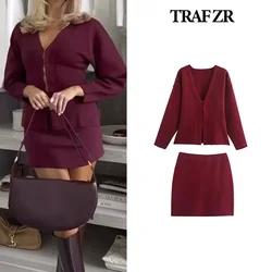 TRAF ZR Skirts Set Woman Two Pieces Women's Summer Suit Set Basics Vintage Long Sleeve Knit Sets Casual Elegant Women's Set