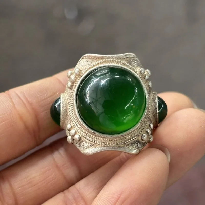 Vintage Collectible Thumb Ring, Silver Plated Inlaid 3-Sided Green Gem Beads, Carved Antique Misc Jewelry Adjustable Open Ring