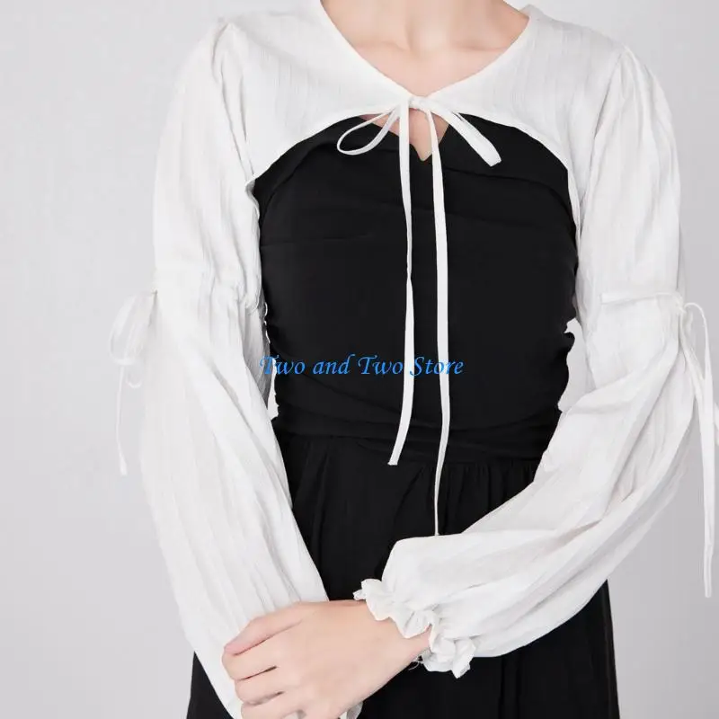 HX6F كم طويل طوق مزخرف من القماش نصف قميص مزين بياقة مدورة وخطوط عنق نصف طوق قميص للإناث #2