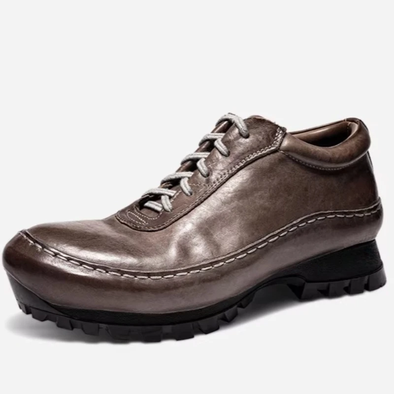 

Мужские повседневные кроссовки из состаренной конской кожи на толстой нескользящей подошве для активного отдыха, удобные, увеличивающие рост