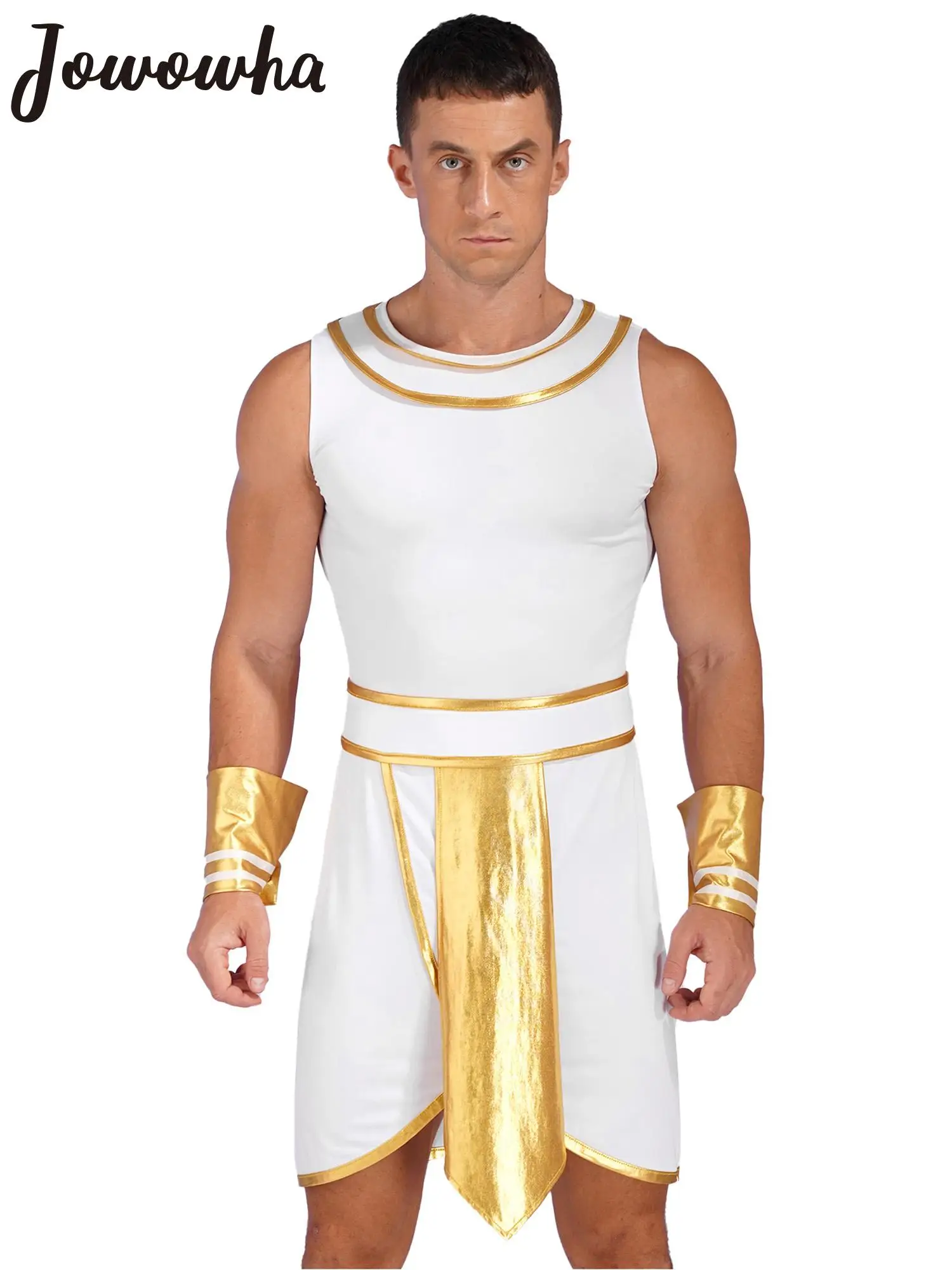 

Mens Ancient Egypt Pharaoh King Cosplay Halloween Theme Party Greek God Gladiator Knight Costume Sleeveless Dress with Cuffs