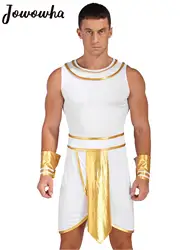 Mens Ancient Egypt Pharaoh King Cosplay Halloween Theme Party Greek God Gladiator Knight Costume Sleeveless Dress with Cuffs