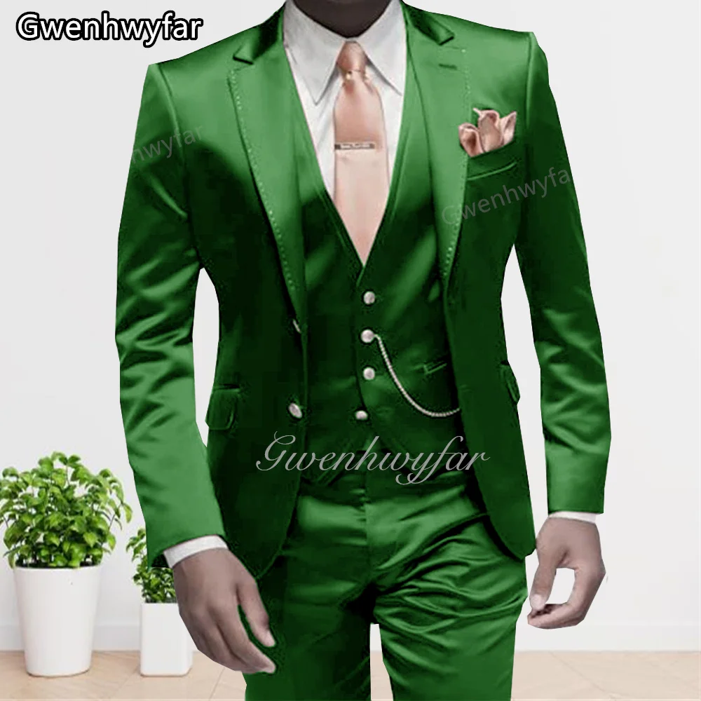 

Gwenhwyfar Green Satin Suits Slim Fit Vitality Single Breasted Jacket Pant Design Latest Smoking Grooms Traveling Man Tuxedo
