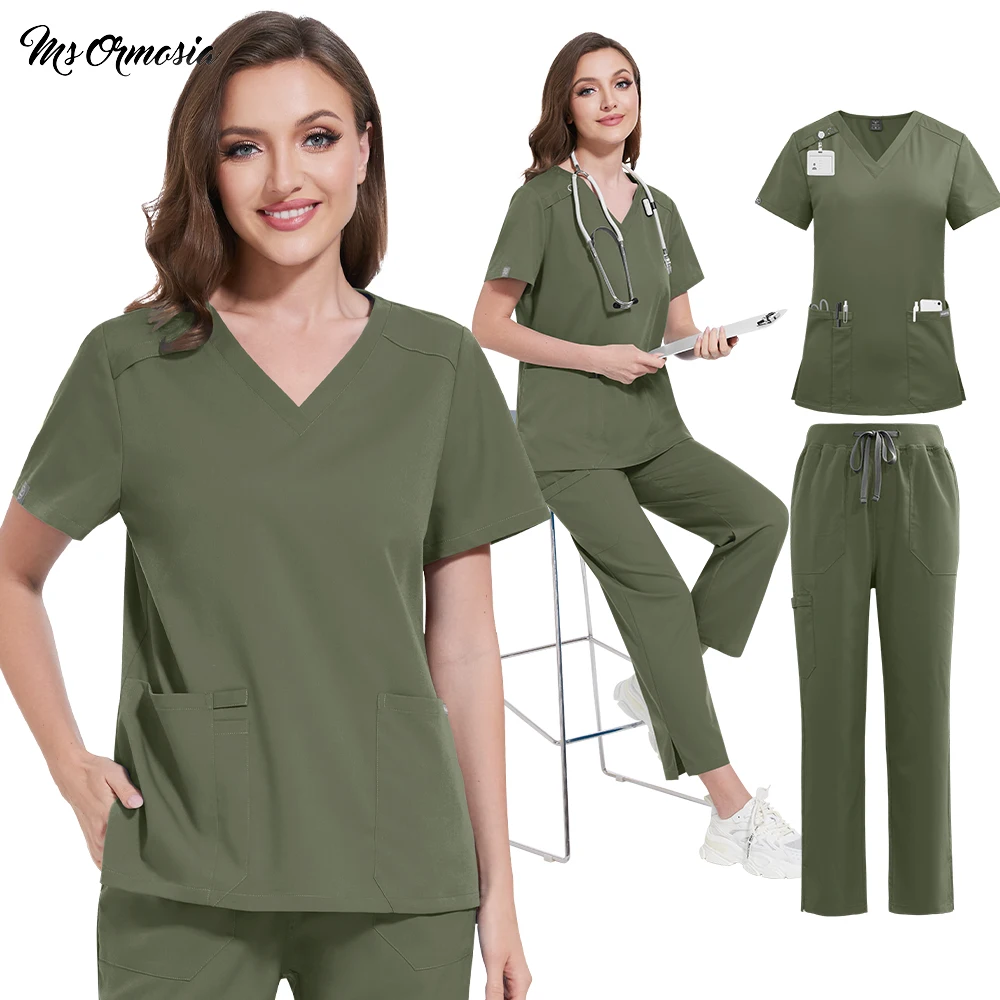 Medical Scrubs Set Women Anti-wrinkle Dentist Surgery Uniforms Hospital Nursing Top+Pants Pet Shop Clothes Men Dentist Workwear