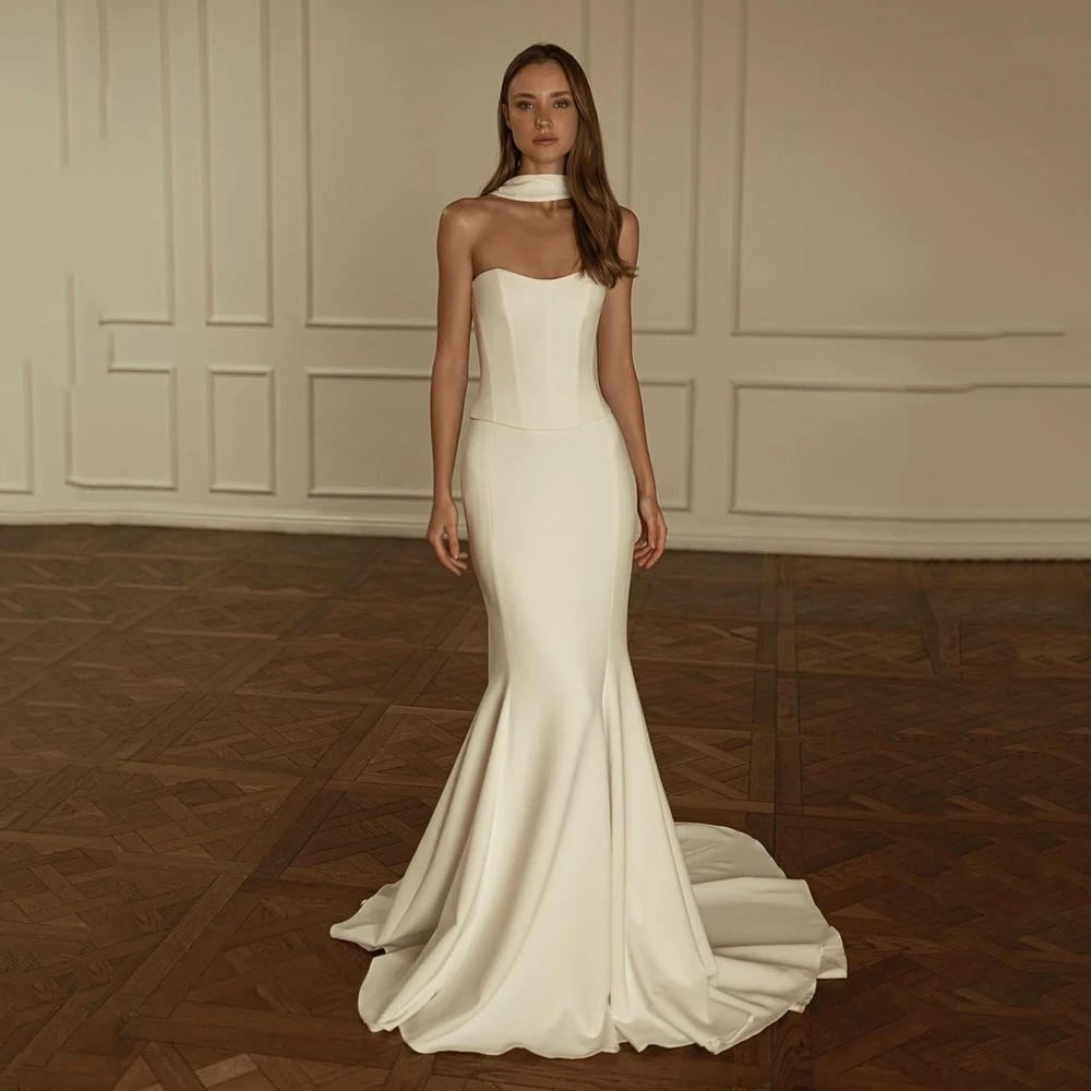 Lvory Crepe Wedding Dress Strapless Mermaid Bride Gowns Sweap Train Formal Elegant Prom Bridal Gown Vestidos De Novia