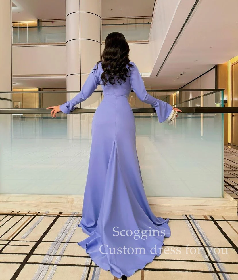 Scoggins فساتين سهرة Square Neckline Mermaid Hand-Made Flowers Chiffon Zipper Up Long Sleeves Wedding Party Dress Prom Dress