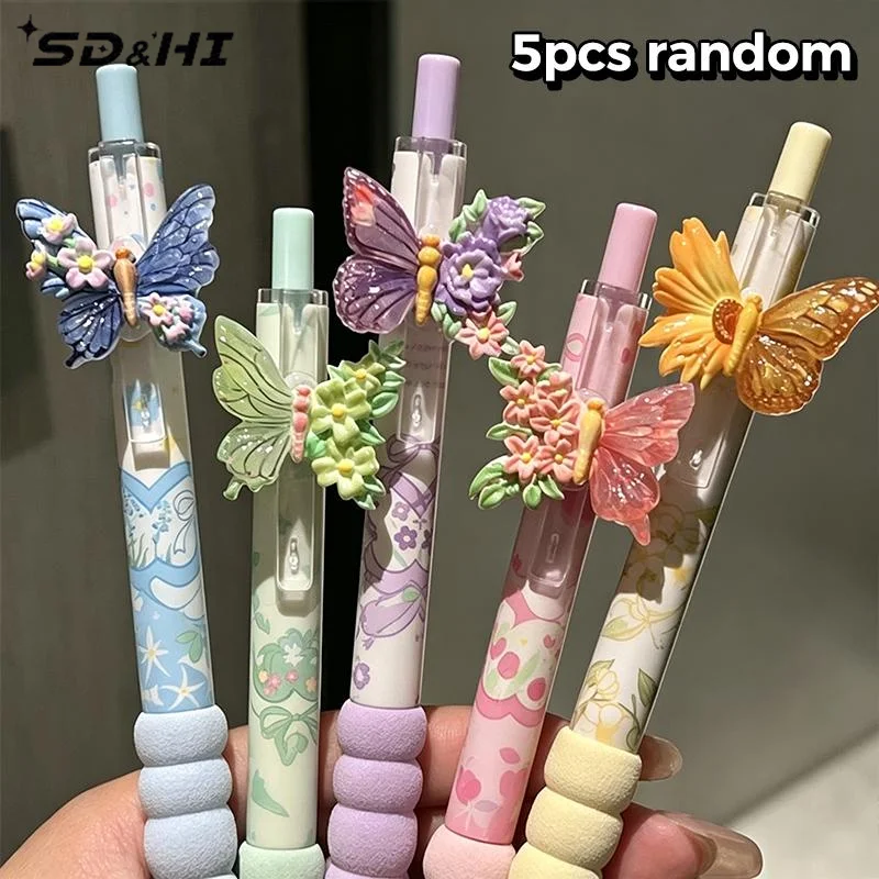 5Pcs Black Gel Pens Random Color Floral Butterfly Designs Quick Drying Girly Ins Style Ideal For Office Study Exam Use