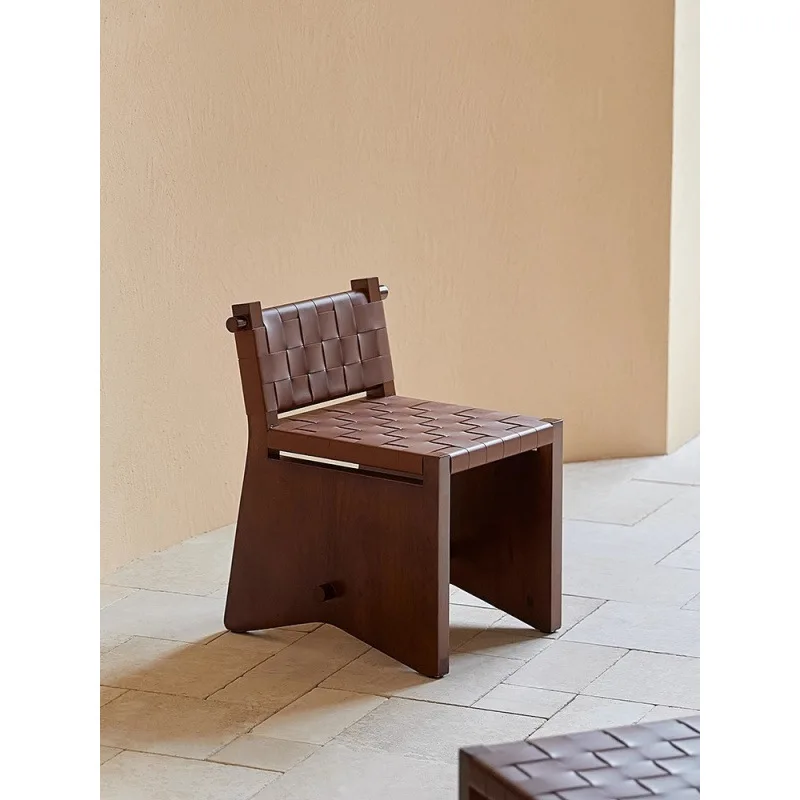 

Nordic home silence antique saddle leather woven dining chair home ins retro designer backrest chair
