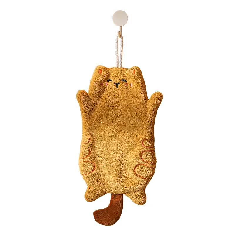 Cute Cat Rice Grain Pattern Coral Fleece Towel Dual Use Hanging Square Towel Absorbent Quick Dry Kitchen Gift Hand Cloth