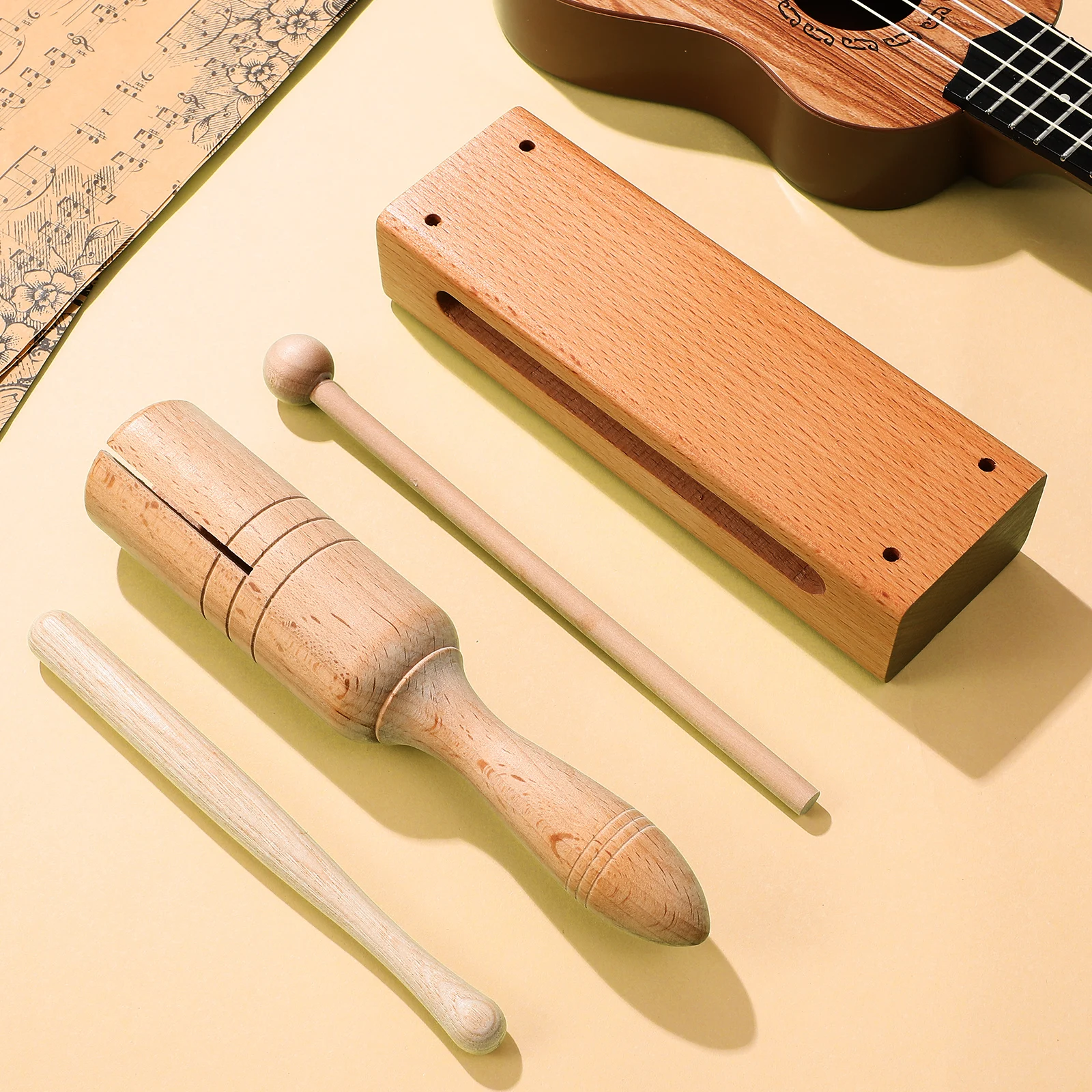 

2 Sets Wooden Block Handheld Tube Percussion Instruments Mallets Safe Timber Kids Coordination Dexterity Family Gathering Theme