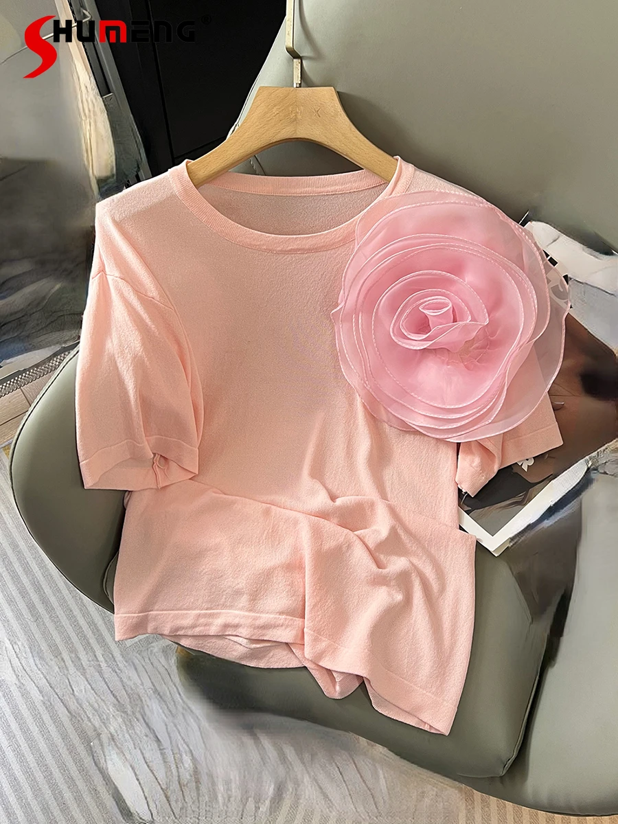 2024 Summer Chic All-match Slimming Three-Dimensional Flower Round Neck Knitted Short-Sleeve T-shirt Women's Solid Color Tops