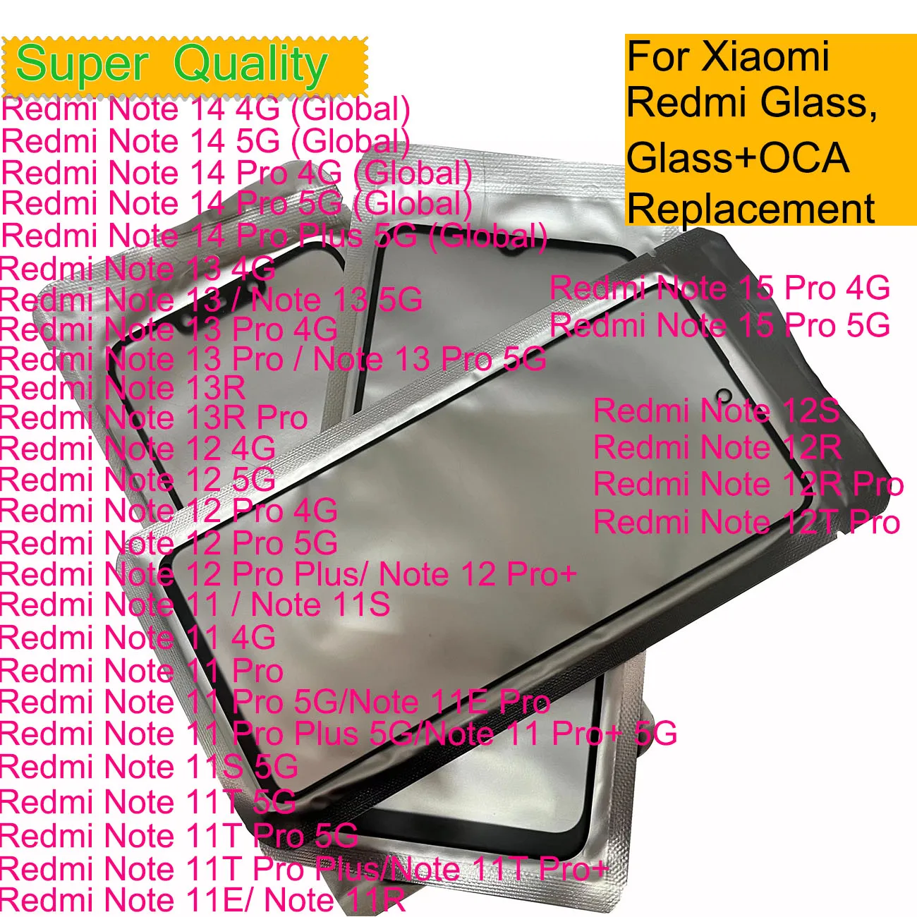 10Pcs/Lot For Xiaomi Redmi Note 15 Pro 14 Pro 13 12T 12 5G 11 10 4G 11S Plus Touch Screen Panel Front Outer Glass With OCA