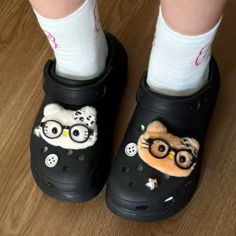 Cute 3D Cute Plush Hello Kitty with Glasses Shoe Decoration DIY Charms for Winter Hole Clogs Sandals Holiday Xmas Gift Idea