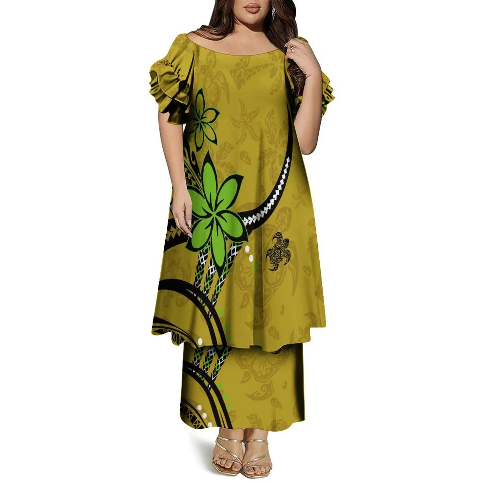 New Polynesian Tribal Design Hawaiian Dress Mumu Elastic Crew Neck Puff Sleeve Loose Casual Dresses Custom Plus Size Women Dress