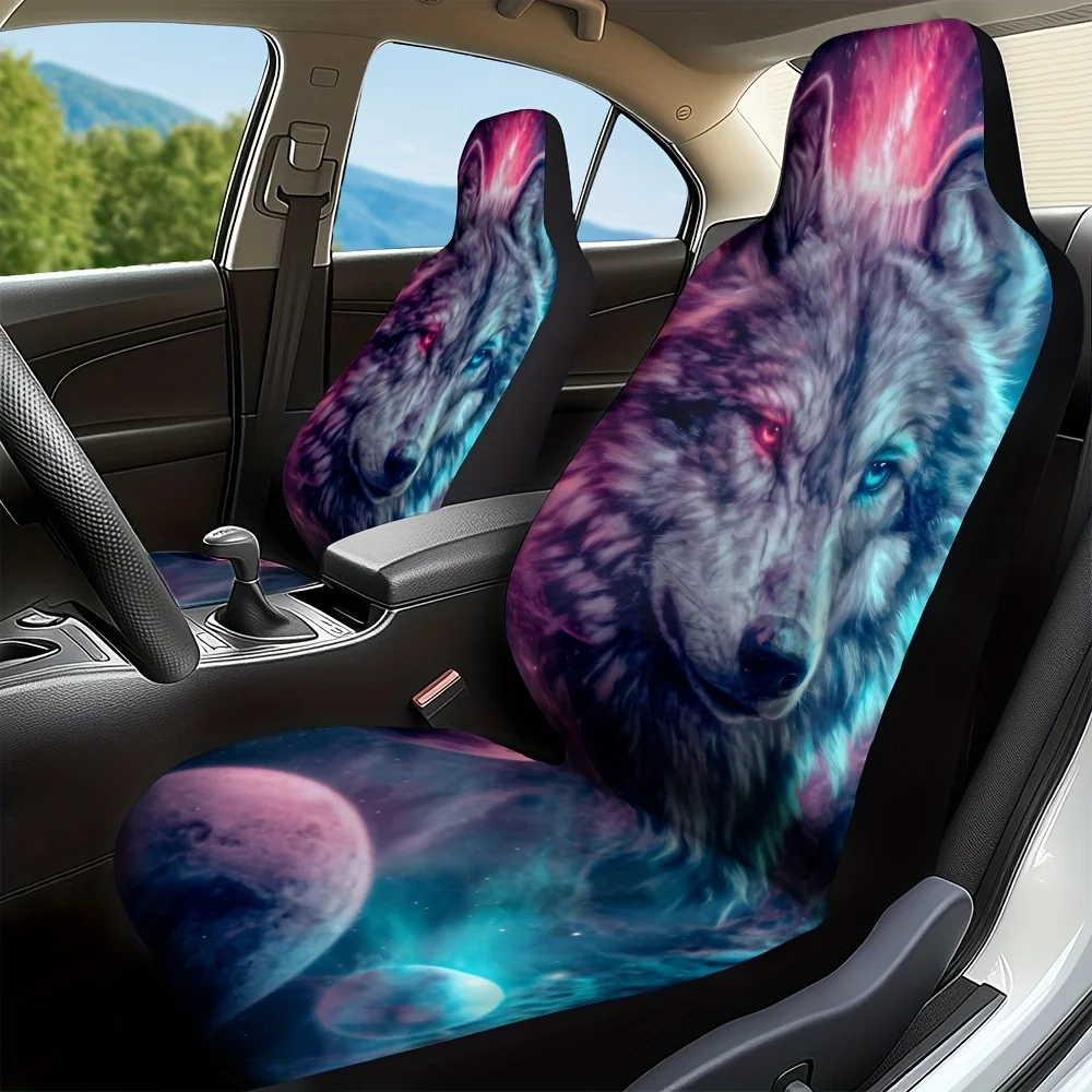 2pcs, Vibrant Astral Wolf Graphic Car Seat Covers, Machine Washable, Automotive Interior, All Season Use, Universal Fit For Most