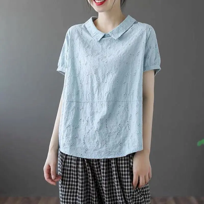 Cotton Linen T Shirts Women Doll Neck Casual Loose Short Sleeve T-shirt Fashion Solid Simple Hollow Top Summer Trend Thin Tshirt