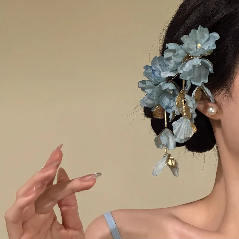 Ethereal Elegant Handmade Blue Flower Tassel Side Hair Clip Barrette for Women Romantic Vintage Daily Wear Party Wedding Gift
