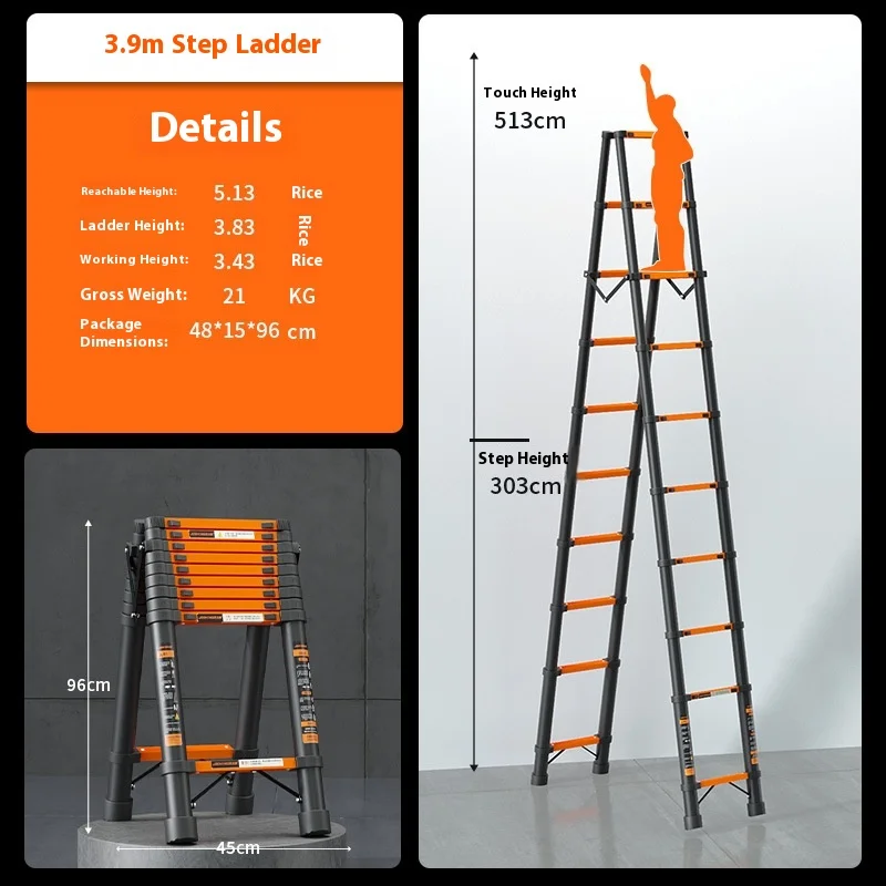 Thickened carbon steel telescopic ladder Multifunctional herringbone ladder Bamboo ladder Lifting folding engineering staircase