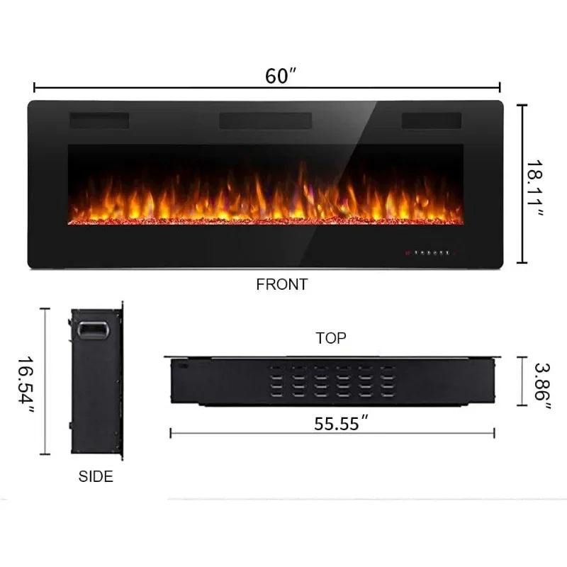 Electric Fireplace Recessed Wall Mounted Fireplace Heater Linear Fireplace Multicolor Flame,Timer Control Touch Panel Remote